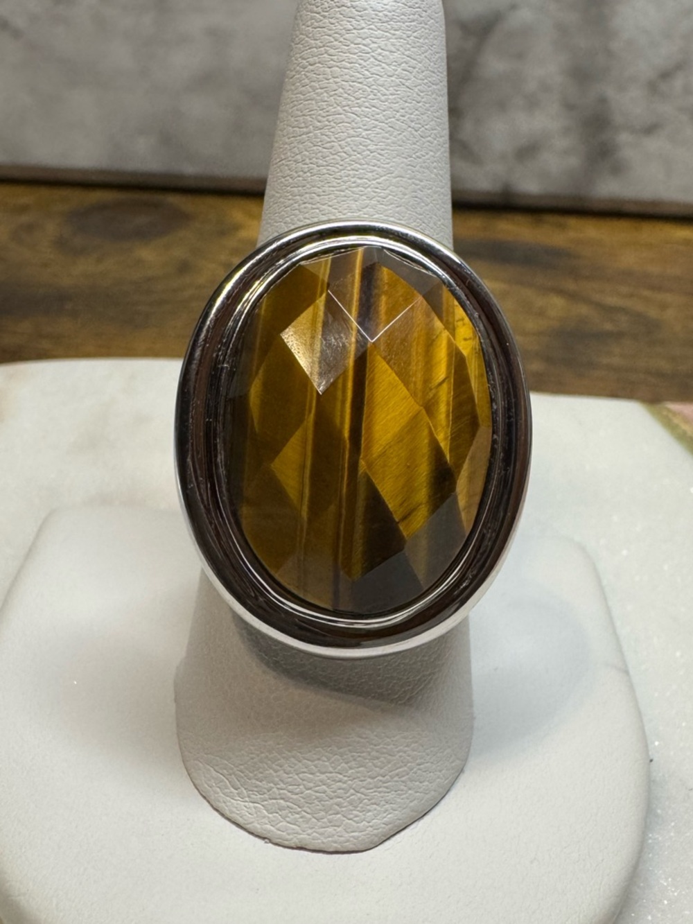 Tiger’s Eye Faceted Statement Ring Silver Tone Size 9 Bold Oval